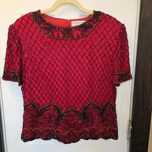 Papell Boutique Evening Beaded Silk Top in Red & Black- Size XL